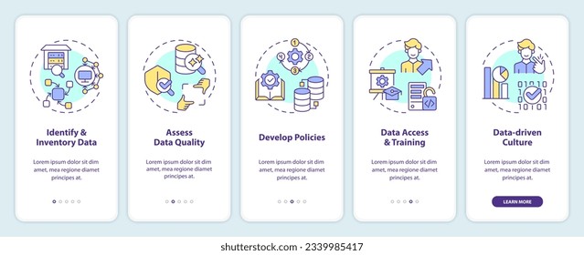 2D multicolor linear icons representing data democratization mobile app screen set. 5 steps graphic instructions, UI, UX, GUI template.