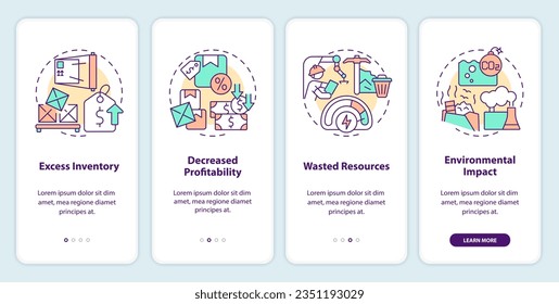 Iconos lineales multicolor 2D que representan la pantalla de aplicaciones móviles de sobreproducción. 4 pasos instrucciones gráficas, UI, UX, plantilla GUI.