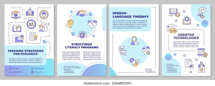 2D multicolor teaching strategies for dyslexics brochure template, leaflet design with thin linear icons, 4 vector layouts.