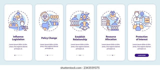 2D multicolor thin line icons representing lobbying government mobile app screen set. 5 steps graphic instructions, UI, UX, GUI template.