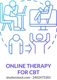 2D online therapy for CBT thin line gradient icon concept, isolated vector, blue illustration representing online therapy.