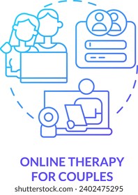 2D online therapy for couples thin line gradient icon concept, isolated vector, blue illustration representing online therapy.