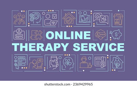 2D online therapy service text with various thin line icons concept on dark purple monochromatic background, editable 2D vector illustration.