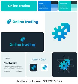 2D online trading gradient business logo with brand name. Arrow and gear icon. Visual identity. Template with poppins font. Suitable for trading, stock market, investment, global economy.