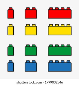 Conjunto de bloques de construcción vectoriales de contorno 2D. Ladrillos de juguete en tonos rojos, amarillos, azules y verdes aislados en un fondo blanco.