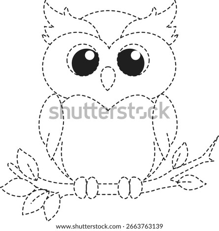 2d Owl dotted tracing outline illustration perched on branch, perfect for children’s coloring pages, forest animal learning, and nocturnal wildlife education themes.