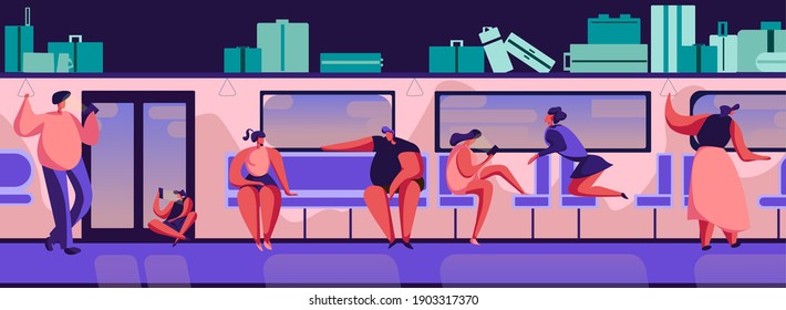 2d picture with a crowd of different people in transport, on the train going about their business.  Group of cartoon men, women, children with telephones.  Vector illustration with colored flat charac