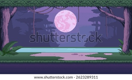 2d pixel night jungle forest landscape. Neon-colored nighttime rainforest background for video game level. Serene scene with tropical trees, handing lianas, river and moon.