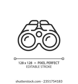2D Pixel perfekte schwarze Ferngläser Symbol, einzelne Vektorgrafik, bearbeitbare Wanderausrüstung dünne Linie Illustration.