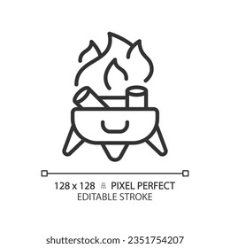 2D pixel perfect black campfire icon, isolated vector, editable hiking gear thin line illustration.