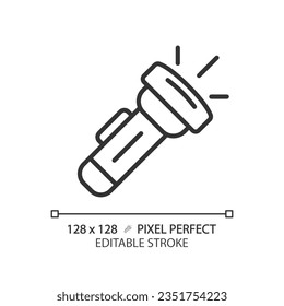2D pixel perfect black flashlight icon, isolated vector, editable hiking gear thin line illustration.