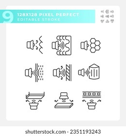 2D pixel perfect black icons set representing soundproofing, editable thin line illustration.