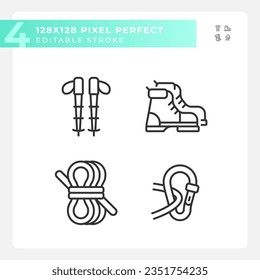 2D pixel perfect black icons set representing hiking gear, editable isolated thin linear illustration.