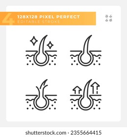 2D pixel perfect black icons set representing haircare, customizable thin line illustration.