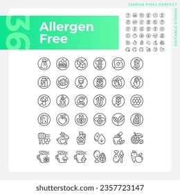 2D pixel perfect black icons pack representing allergen free, editable thin line illustration.