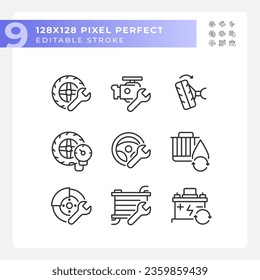 2D pixel perfect black icons set representing car repair and service, editable thin linear illustration.
