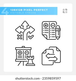 2D pixel perfect black icons set representing comparisons, editable thin linear illustration.
