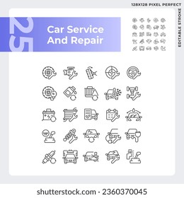 2D pixel perfect black icons pack representing car repair and service, editable thin line illustration.