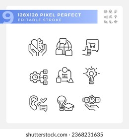 2D pixel perfect black icons set representing soft skills, editable thin linear illustration.