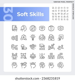 2D pixel perfect black icons pack representing soft skills, editable thin line illustration.