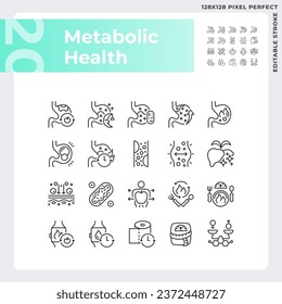 2D pixel perfect black icons pack representing metabolic health, editable thin line illustration.