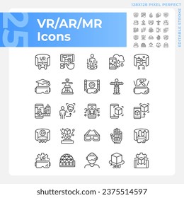 Paquete de iconos negros perfectos en píxeles 2D que representan VR, AR y MR, ilustración de línea delgada editable.