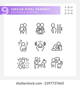 2D pixel perfect black icons set representing psychology, editable thin line illustration.