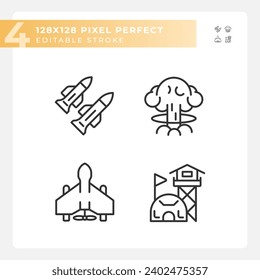 Iconos negros perfectos de píxeles 2D que representan armas, ilustración de línea delgada editable.