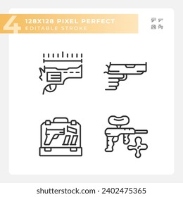 Iconos negros perfectos de píxeles 2D que representan armas, ilustración de línea delgada editable.