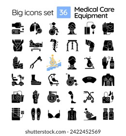 Paquete de iconos negros perfectos en píxeles 2D representando equipo médico, simple ilustración de silueta.