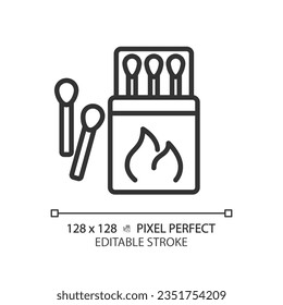 2D pixel perfect black match box and sticks icon, isolated vector, editable hiking gear thin line illustration.