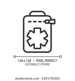 2D pixel perfect black medical bag icon, isolated vector, editable hiking gear thin line illustration.