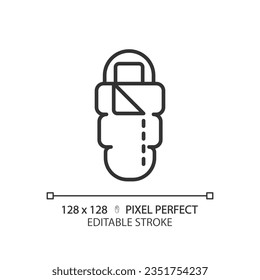 2D pixel perfect black sleeping bag icon, isolated vector, editable hiking gear thin line illustration.