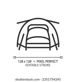 2D pixel perfect black tent icon, isolated vector, editable hiking gear thin line illustration.