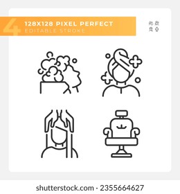 2D pixel perfect black thin line icons set representing haircare, customizable illustration.