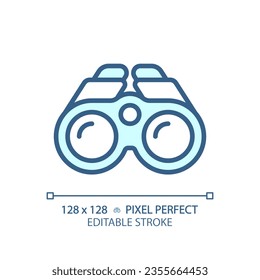 2D pixel perfect blue binoculars icon, isolated vector, editable hiking gear thin line illustration.