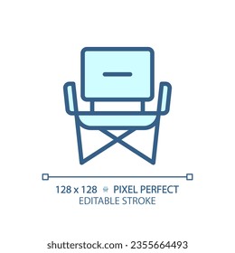 2D pixel perfect blue camping chair icon, isolated vector, editable hiking gear thin line illustration.