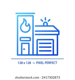 2D pixel perfect blue gradient fire brigade icon, isolated vector, building thin line illustration.