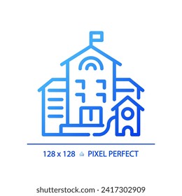 2D pixel perfect blue gradient building with flag icon, isolated vector, building thin line illustration.