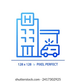 2D pixel perfect blue gradient hospital icon, isolated vector, building thin line illustration.
