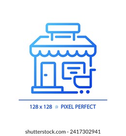 2D pixel perfect blue gradient store icon, isolated vector, building thin line illustration.