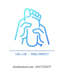 2D pixel perfect blue gradient foot massage icon, isolated vector, thin line illustration.