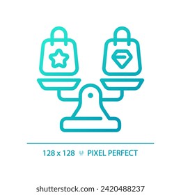 2D pixel perfect blue gradient shopping bags on weight scale icon, isolated vector, thin line illustration representing comparisons.