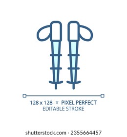 2D pixel perfect blue hiking poles icon, isolated vector, editable hiking gear thin line illustration.