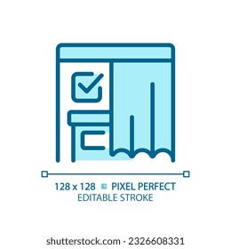 Icono azul perfecto de píxel 2D de cabina de votación con signo de cortina y marca de verificación, ilustración vectorial aislada, signo de elección editable.