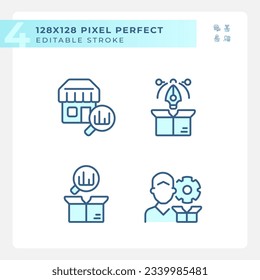 2D pixel perfect blue icons set representing product management, editable thin line illustration.