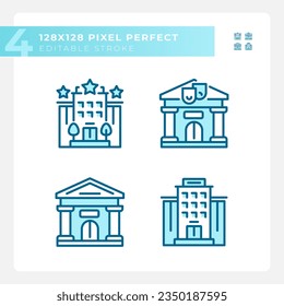Iconos azules perfectos de píxeles 2D que representan edificios, ilustración de línea delgada editable.
