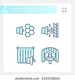 2D pixel perfect blue icons set representing soundproofing, editable thin line illustration.