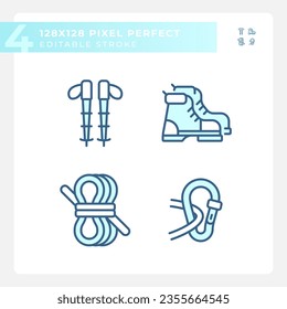 2D pixel perfect blue icons set representing hiking gear, editable isolated thin linear illustration.