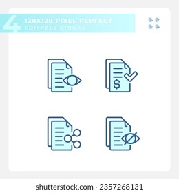 2D pixel perfect blue icons set representing document, editable thin linear illustration.